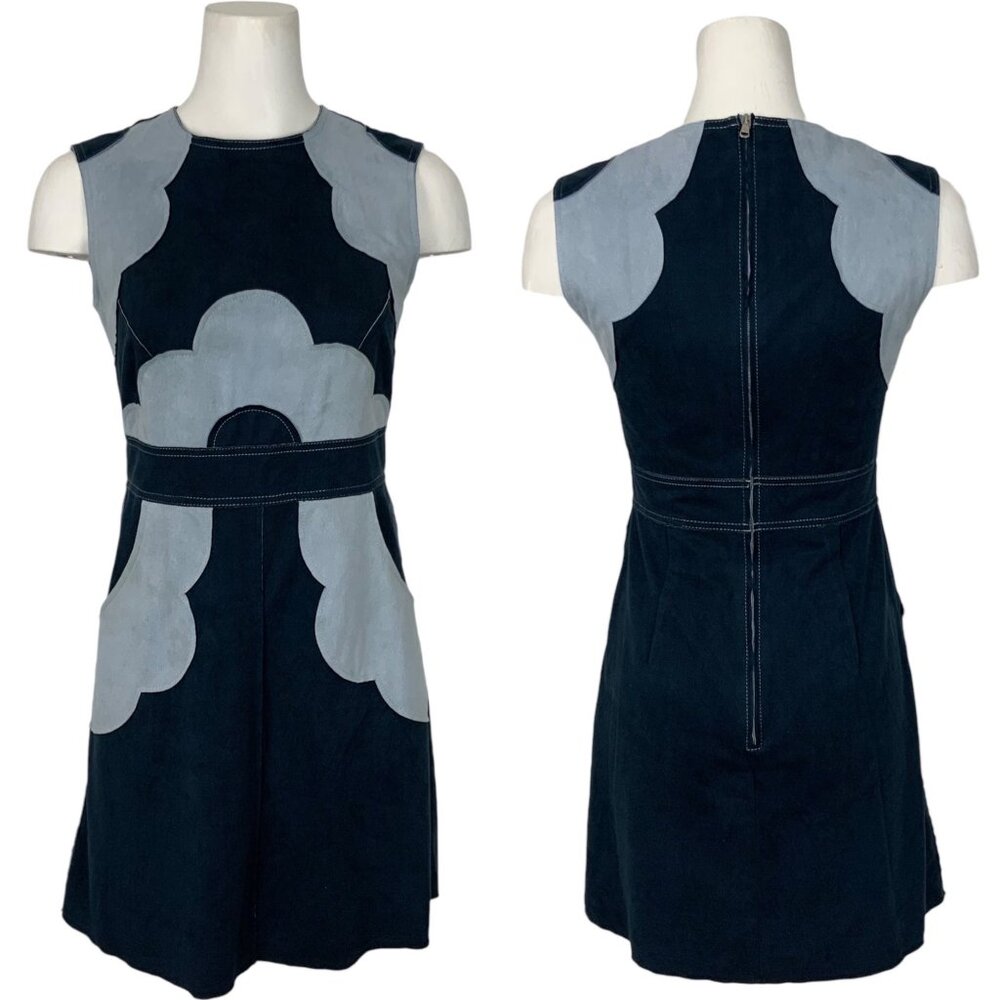 Kira Plastinia Floral Faux Suede Dress S Blue Sleeveless Mini